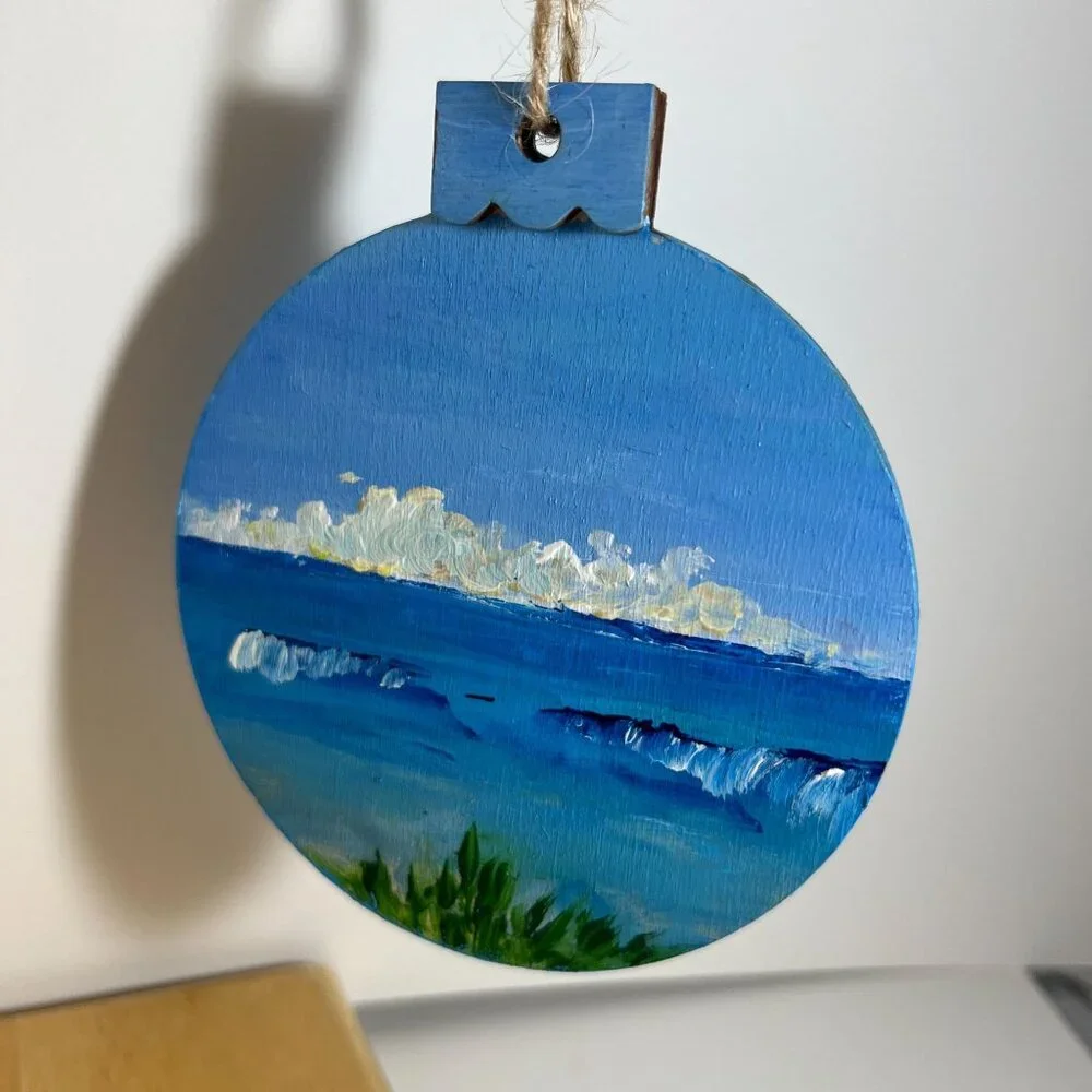 Hand-Painted Wooden Ornament With Ocean & Beach Scene - Picture 2 of 3